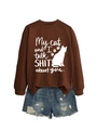 Flat lay of brown long sleeve cat print sweatshirt with blue distressed denim shorts - Coffee (White Font)