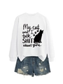Flat lay of a white sweatshirt with a cat print and distressed blue denim shorts - White (Black Font)
