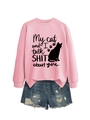 Detail of pink crewneck sweatshirt featuring cat silhouette and funny text with denim shorts - Pink (Black Font)