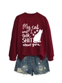 Close-up of 'My cat and I talk SHIT about you' lettering on a burgundy sweatshirt - Wine Red (White Font)