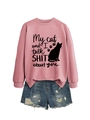 Close-up of pink crewneck sweatshirt featuring My Cat and I Talk Shit About You print - Rose Gold (Black Font)
