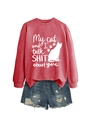 Detail of red sweatshirt with My cat and I talk SHIT about you print and denim shorts - Red (White Font)