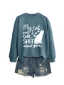 Detail of greyish-blue sweatshirt with funny cat text print and distressed denim shorts - Blue (White Font)
