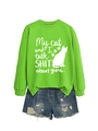 Neon green sweatshirt with cat silhouette print and distressed denim shorts on white background - Fluorescent Green (White Font)