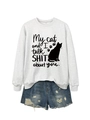 Detail view of light grey sweatshirt featuring humorous cat print and slogan design - Off-White (Black Font)