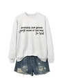 Close-up of gray 'Probably Just Gonna Jingle' sweatshirt with distressed denim shorts - Off-White (Black Font)