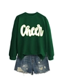 Detail von dunkelgrünem Sweatshirt mit Cheer-Aufdruck und Distressed-Denim-Shorts-Set - Dunkelgrün