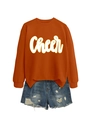 Damen-Sweatshirt in Orange mit Cheer-Druck und hellblauen Jeans-Shorts im Destroyed-Look - S / Gebranntes Orange