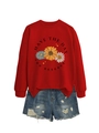 Detail eines roten Sweatshirts mit Blumen-Grafik und Have The Day You Deserve Schriftzug - S / Rot (Schwarzer Druck)