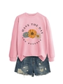 Pink crewneck sweatshirt with daisy print and Have The Day You Deserve slogan - Pink (Black Letters)