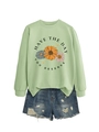 Detail of mint green sweatshirt with daisy print and HAVE THE DAY YOU DESERVE slogan - Olive Green (Black Letters)