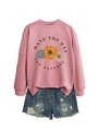 Detail of pink crewneck sweatshirt with sunflower print and frayed denim shorts - Rose Gold (Black Letters)