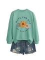 Detail of mint green sweatshirt with sunflower print and frayed denim shorts set - Light Green (Black Print)
