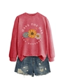 Detail of red crewneck sweatshirt with sunflower print and Have The Day You Deserve slogan - Red (White Letters)