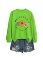 Detail of neon green daisy sweatshirt with 'HAVE THE DAY YOU DESERVE' print and denim shorts - Fluorescent Green (Black Graphic)