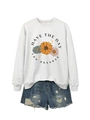 Flat lay of gray crewneck sweatshirt with sunflower print and ripped denim shorts set - Off-White (Black Graphic)