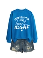 Royal blue crewneck sweatshirt with art lettering paired with frayed denim shorts - Lake Blue (White Graphic)
