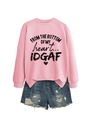 Pink crewneck sweatshirt with heart typography and distressed denim shorts outfit - Pink (Black Letters)