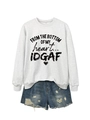 Close-up of gray sweatshirt with FROM THE BOTTOM text and distressed denim shorts - Off-White (Black Graphic)