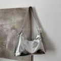 Metallic silver soft PU tote bag with embossed lettering and chain detail for women - Silver Small