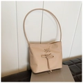 Elegante borsa a secchiello in morbida PU beige con fiocco e manico lungo a tracolla - Cachi