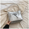 Matte silver soft PU bucket bag with woven knot detail and single shoulder strap - Silver