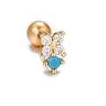Gold floral stud earring with white zircons and a blue round gemstone charm - Flower Style (EGD0768 Gold)