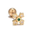 Golden flower helix stud earring with green gemstone and secure screw-back ball - Cross Flower Style-Gold (EGD0943)