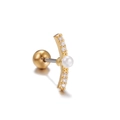 Goldener Knorpel-Ohrstecker mit Zirkonia und weißem Perlenakzent für Damen - Gebogene Pave Zirkonia Perle / Gold (EGD0862)