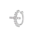 Macro shot of silver C-shaped ear cuff featuring a cross set with shimmering gemstones - Cross Style (EGJ0059 White K)