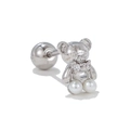 Dettaglio orecchino a lobo orsetto in argento con zirconi e due perle pendenti - Stile Orso di Perla / Argento