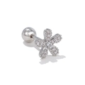Macro shot of silver flower stud earring with micro-pave zircons and ball back screw - Five-Petal Zircon Flower Style (EGD0867) / Silver