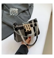 Vintage plaid crossbody square bag with gothic golden M buckle and chain strap - Black