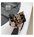 Retro plaid square crossbody bag with blue contrast patterns and gold metal M logo detail - Blue