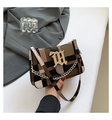 Vintage brown plaid crossbody bag with gold gothic M logo and metal chain accent - Brown