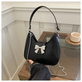 Black half-moon hobo bag with silver bow buckle and elegant metal chain strap - Black