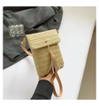 Detail of straw woven mini crossbody bag featuring fringe tassel and gold buckle closure - Khaki