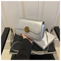 Detailed close-up of a silver crossbody bag with a vintage gold bear relief metal buckle - Silver