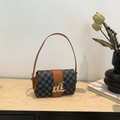Bolso bandolera retro de cuadros con ribete de cuero marrón y hebilla de metal oro - Marrón