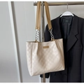 Beige oversized woven checkered tote bag with brown leather straps for commuting - Khaki