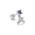 Detail shot of a blue zircon screw back stud earring with a silver mermaid tail drop charm - Blue Fish Tail - White K (EGD1388)