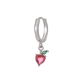 Silver hoop earrings featuring a pink heart stone and a small green gem leaf - Heart Apple Style (EK00148) / Silver