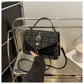 Chic black and gold tweed small square handbag with V-flap and metallic buckle - Black