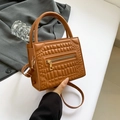 Brown crocodile embossed small square handbag with gold zipper and adjustable strap - Brown