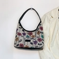 Floral tapestry underarm tote bag with vintage embroidery and black faux leather straps - Black