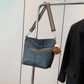 Vintage patterned bucket bag with wide striped shoulder strap and plush charm - Black with Pendant