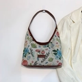 Floral jacquard hobo bag with brown leather trim and colorful flower pattern - Brown