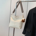 Vintage patterned bucket bag in creamy white with a brown striped wide shoulder strap - White with Pendant