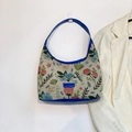 Retro floral tapestry hobo bag with dark blue trim and vintage flower pattern - Blue