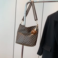 Deep brown bucket bag with vintage pattern, wide striped strap and plush charm - Coffee with Pendant